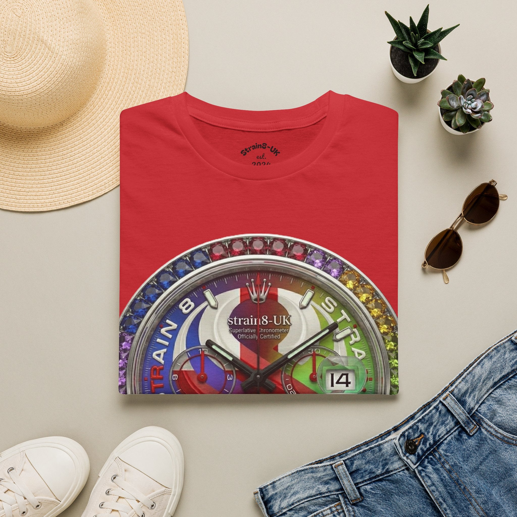 Rainbow Watch Face Graphic T‑Shirt —Strain8-UK Colourful Timepiece Dial Design