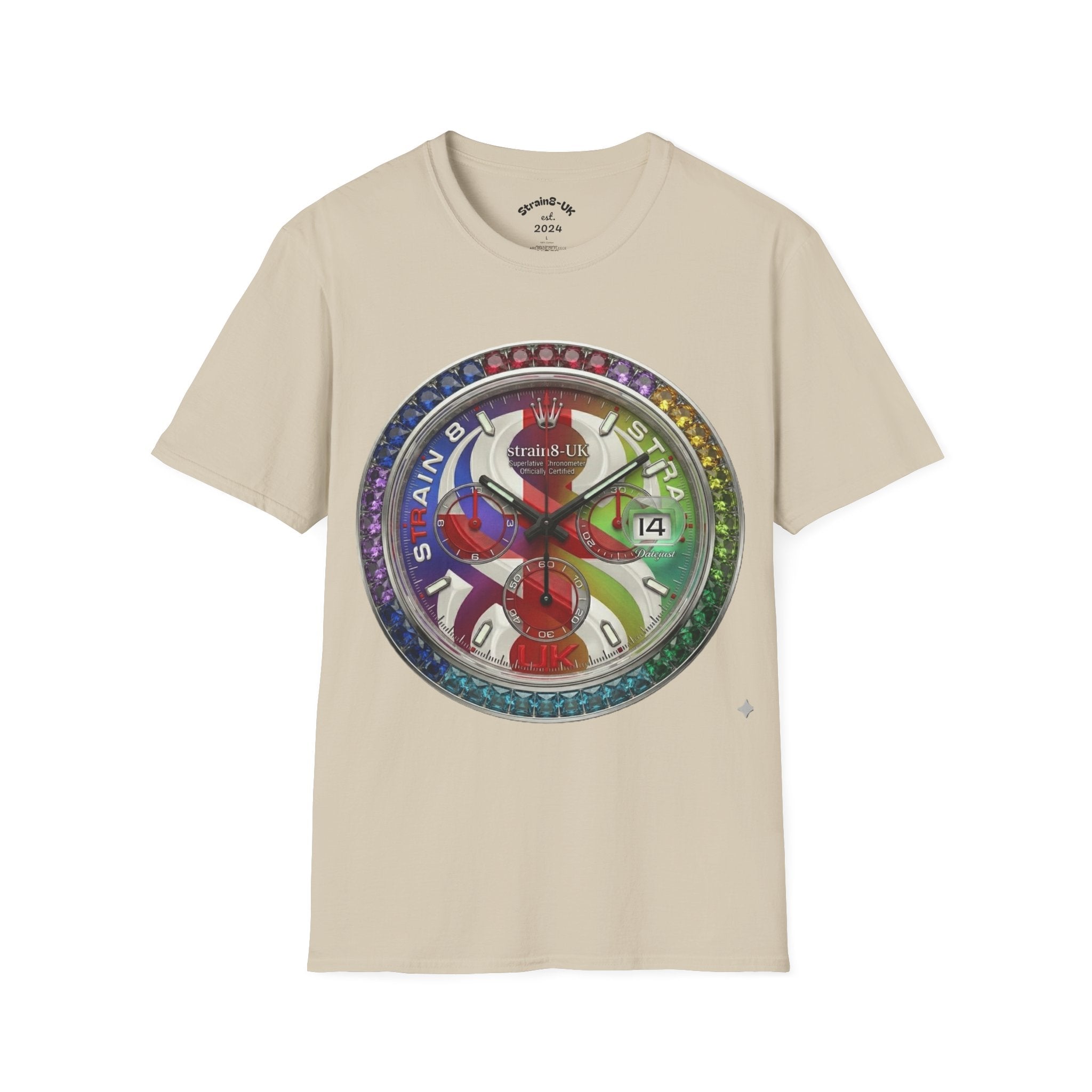 Rainbow Watch Face Graphic T‑Shirt —Strain8-UK Colourful Timepiece Dial Design