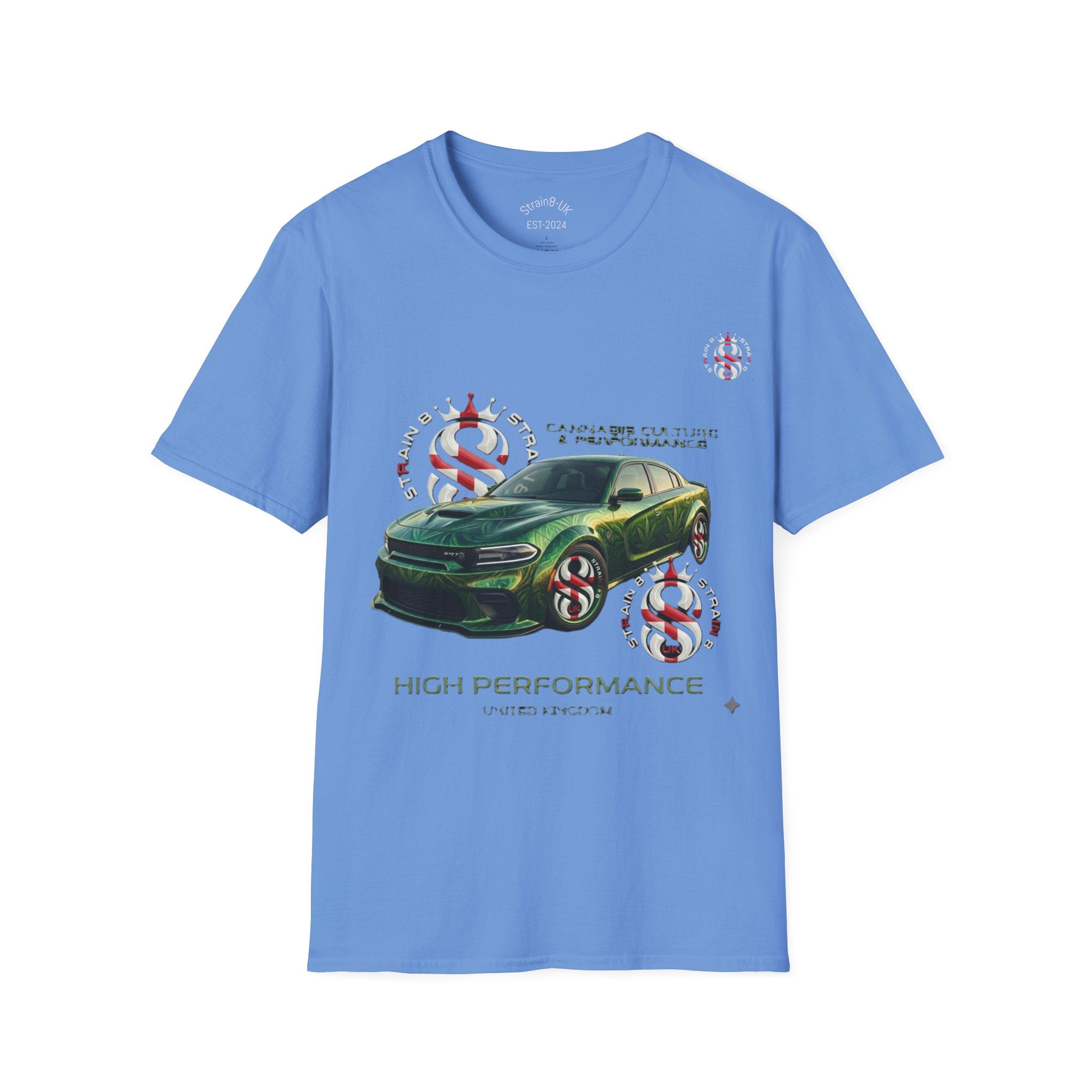 High Performance Strain8-UK Muscle Car T‑Shirt — Green Sports Car Graphic St George Cross Alloys Tee