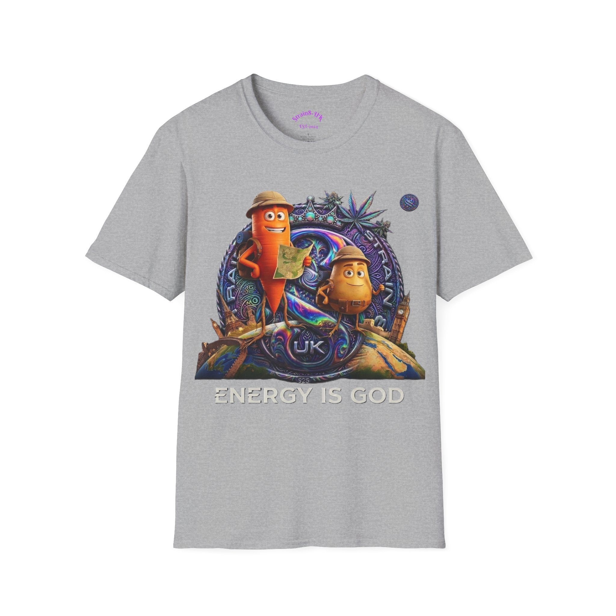 Strain8-UK Ted&Fred Energy Is God T-Shirt — Retro Cartoon Space Energy Design