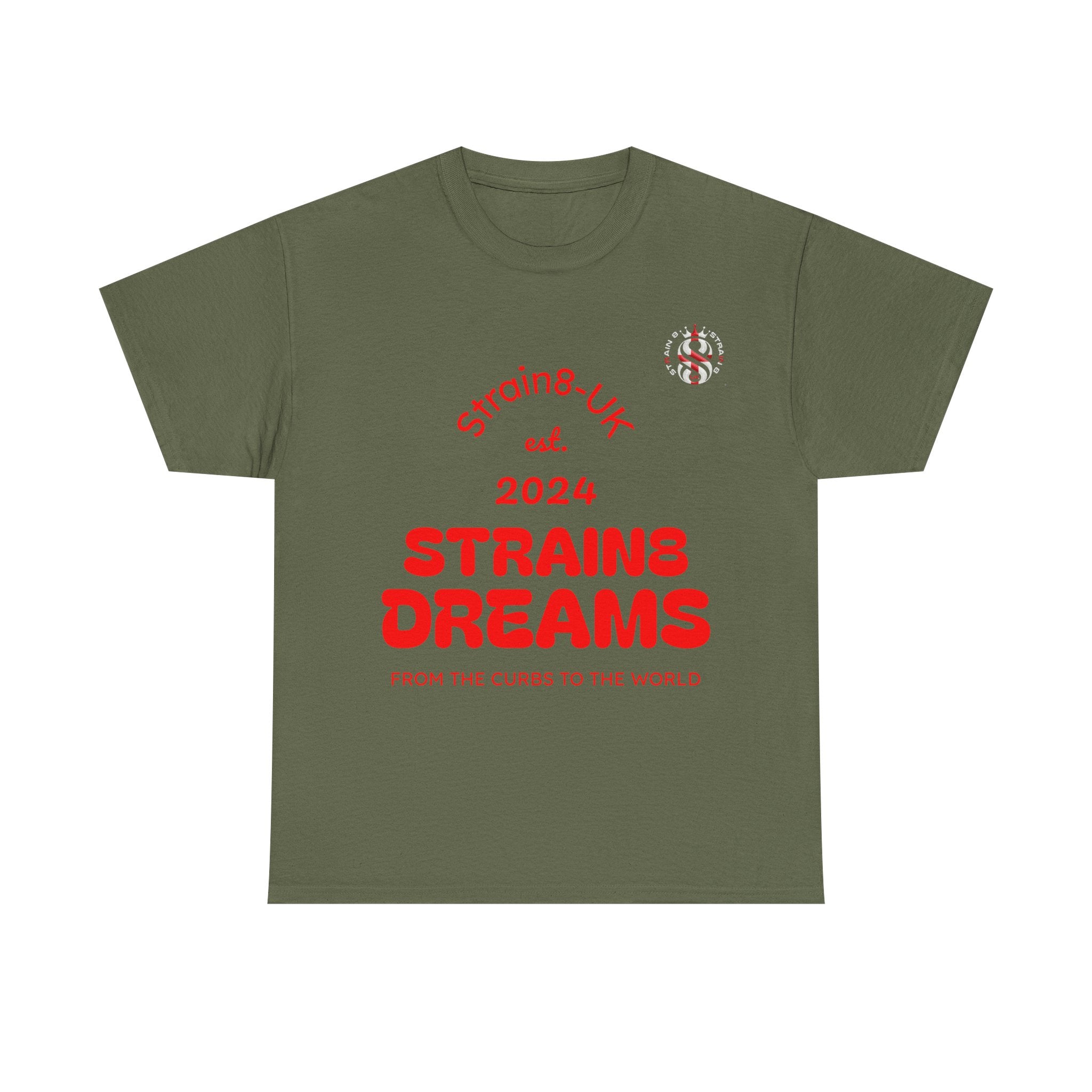 Strain8-UK Dreams 2024 St george cross & spanish flag original logo Tee — Graphic Band Tour Style T‑Shirt