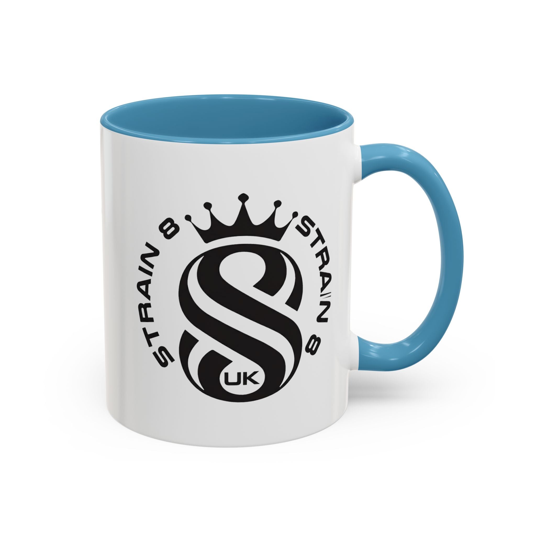 Strain 8 UK Logo Accent Coffee Mug — Crowned S8 Black & White